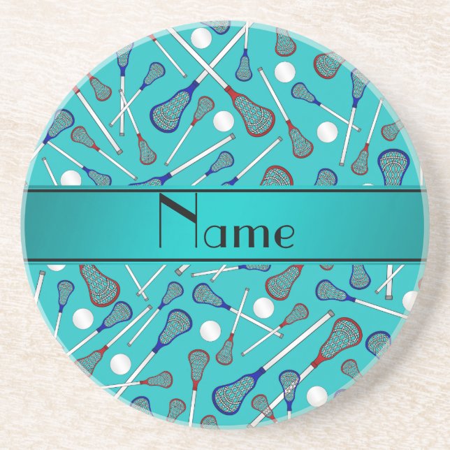Personalised name turquoise lacrosse pattern coaster (Front)