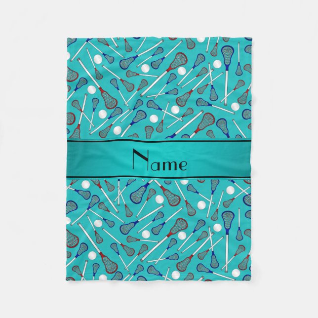 Personalised name turquoise lacrosse pattern fleece blanket (Front)