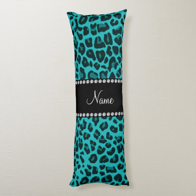Personalised name turquoise leopard pattern body cushion (Back (Vertical))