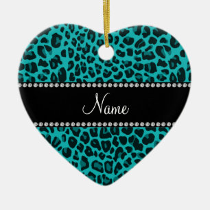 Personalised name turquoise leopard pattern ceramic tree decoration