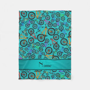 Personalised name turquoise mountain bikes fleece blanket