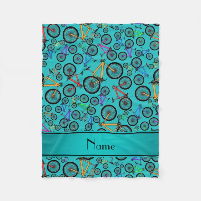 Personalised name turquoise mountain bikes fleece blanket (Front)