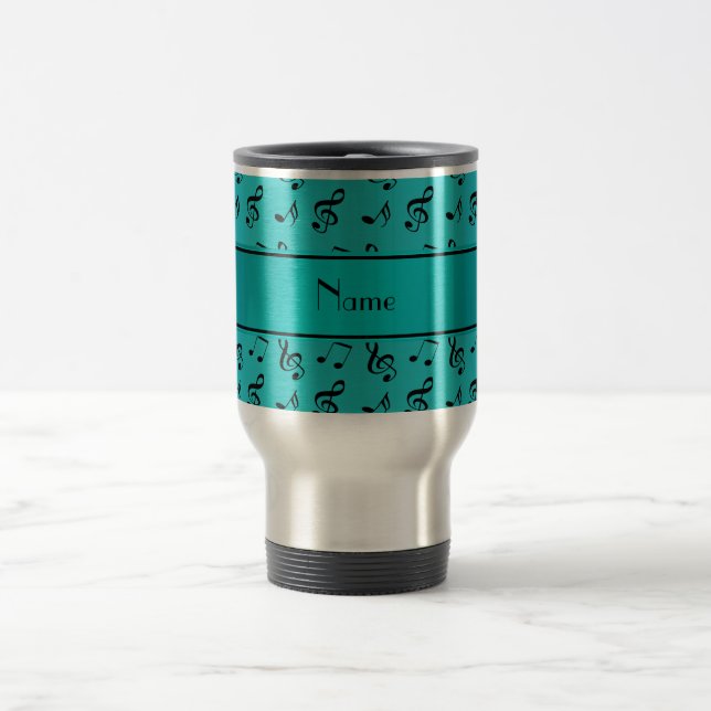 Personalised name turquoise music notes travel mug (Center)