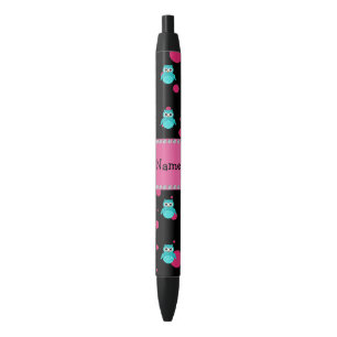 Personalised name turquoise owl black pink dots ink pen