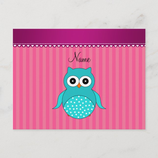 Personalised name turquoise owl pink stripes postcard (Front)