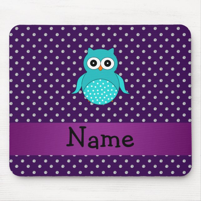 Personalised name turquoise owl purple diamonds mouse mat (Front)