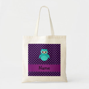 Personalised name turquoise owl purple diamonds tote bag