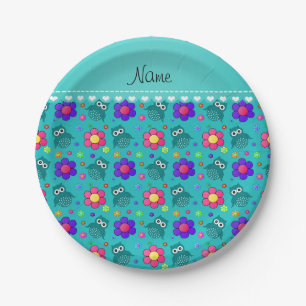 Personalised name turquoise owls flowers pattern paper plate