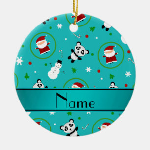 Personalised name turquoise panda santas christmas ceramic tree decoration