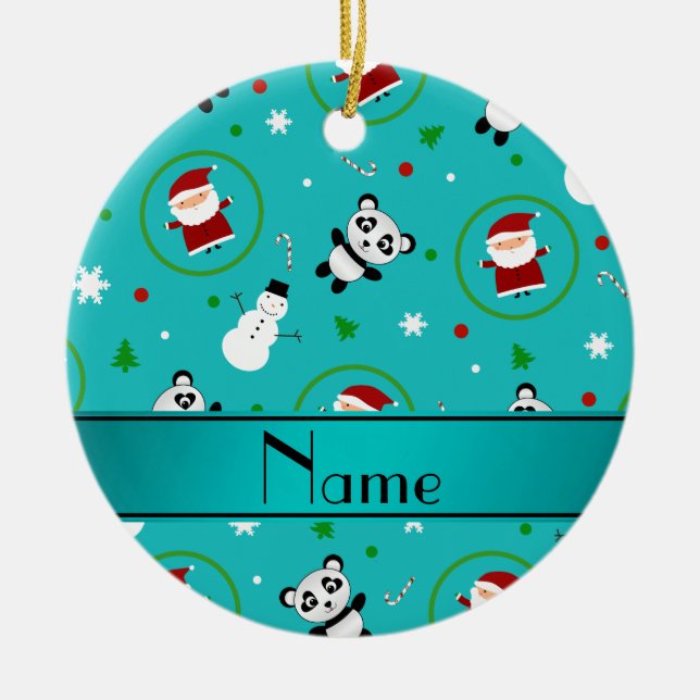 Personalised name turquoise panda santas christmas ceramic tree decoration (Front)