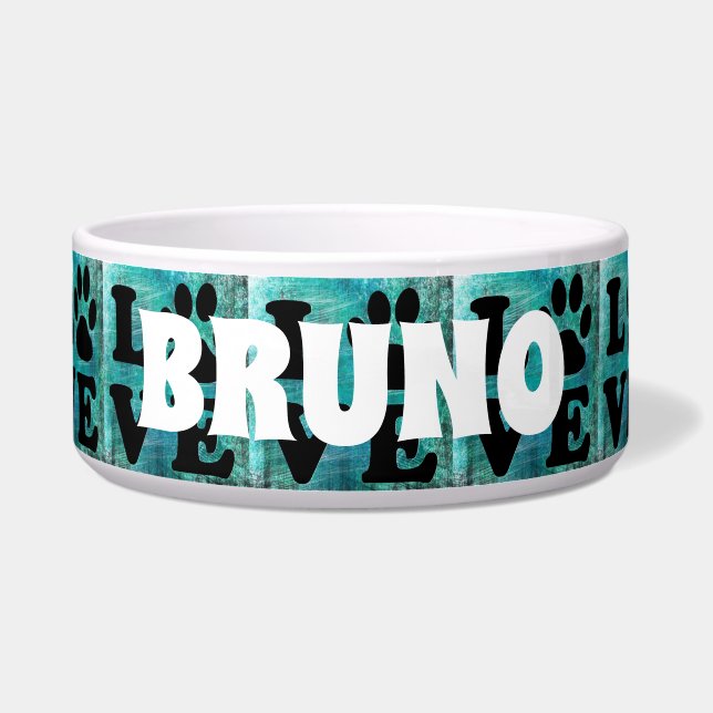 Personalised Name Turquoise Paw Love Dog Bowl (Front)
