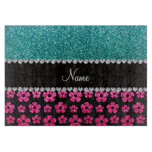 Personalised name turquoise pink glitter flowers cutting board