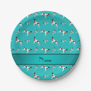 Personalised name turquoise Pointer dogs Paper Plate
