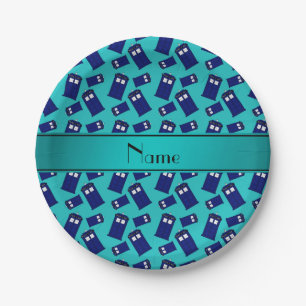 Personalised name turquoise police box paper plate