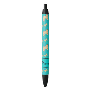 Personalised name turquoise Pug dogs Black Ink Pen