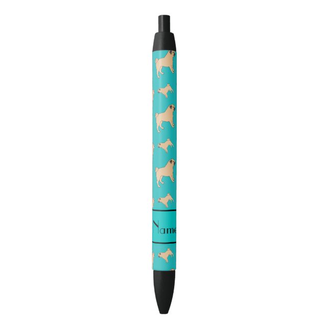 Personalised name turquoise Pug dogs Black Ink Pen (Front Vertical)