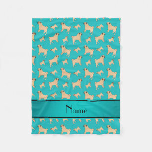 Personalised name turquoise Pug dogs Fleece Blanket