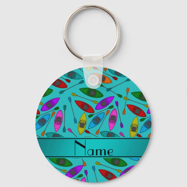 Personalised name turquoise rainbow kayaks key ring (Front)