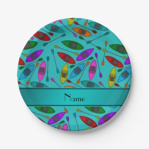 Personalised name turquoise rainbow kayaks paper plate
