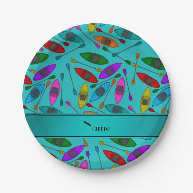 Personalised name turquoise rainbow kayaks paper plate (Front)