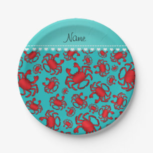 Personalised name turquoise red crab pattern paper plate