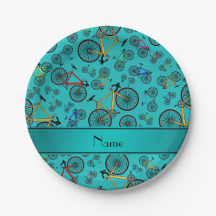 Personalised name turquoise road bikes paper plate