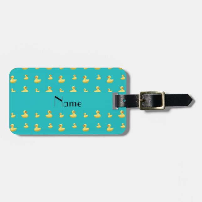 Personalised name turquoise rubber duck pattern luggage tag (Front Horizontal)