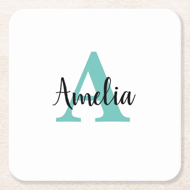 Personalised Name Turquoise Script Monogram Square Paper Coaster (Front)