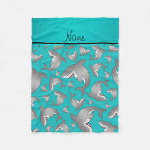 Personalised name turquoise shark pattern fleece blanket