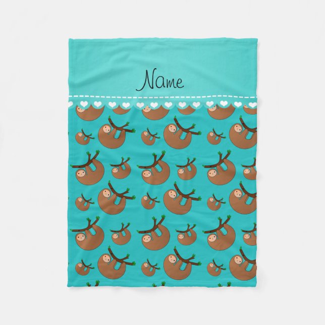 Personalised name turquoise sloth pattern fleece blanket (Front)