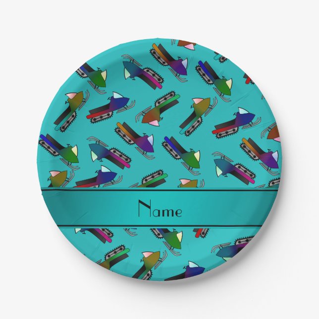 Personalised name turquoise snowmobiles paper plate (Front)