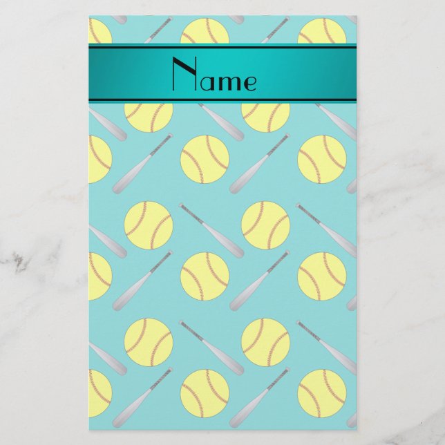 Personalised name turquoise softball pattern stationery (Front)