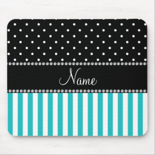 Personalised name turquoise stripes black dots mouse mat