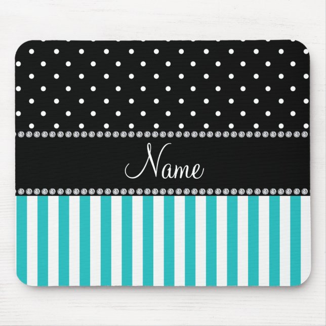 Personalised name turquoise stripes black dots mouse mat (Front)