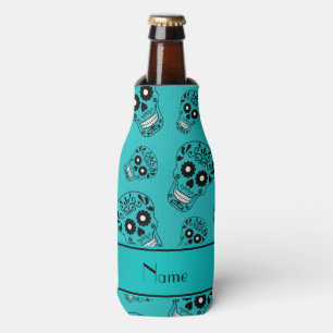 Personalised name turquoise sugar skulls bottle cooler