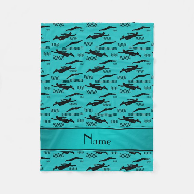 Personalised name turquoise swimming pattern fleece blanket (Front)