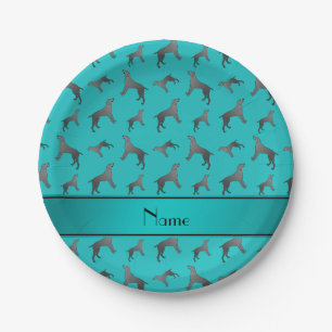 Personalised name turquoise Weimaraner dogs Paper Plate