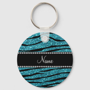 Personalised name turquoise zebra stripes key ring