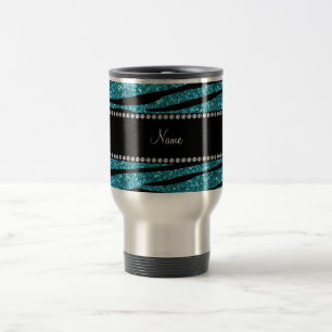 Personalised name turquoise zebra stripes travel mug