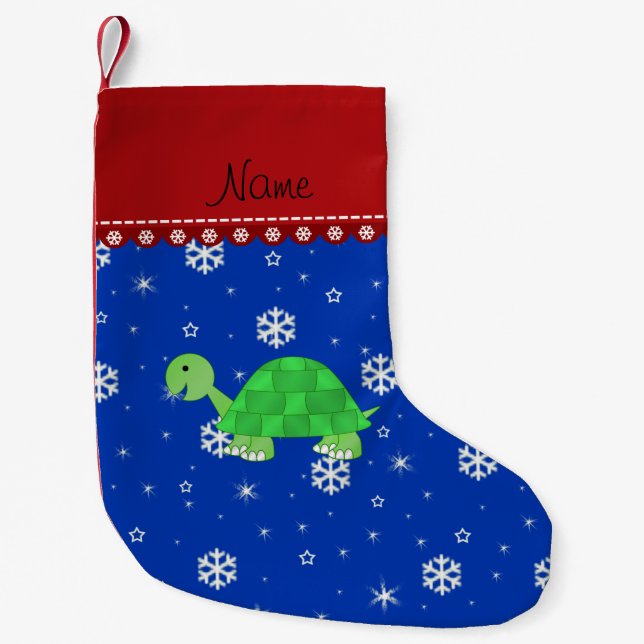 Personalised name turtle blue snowflakes small christmas stocking (Front)