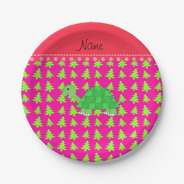 Personalised name turtle pink green christmas tree paper plate (Front)