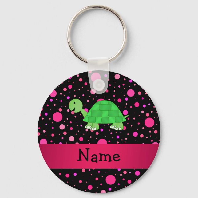 Personalised name turtle pink polka dots key ring (Front)