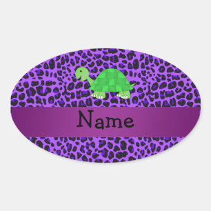 Personalised name turtle purple leopard pattern oval sticker