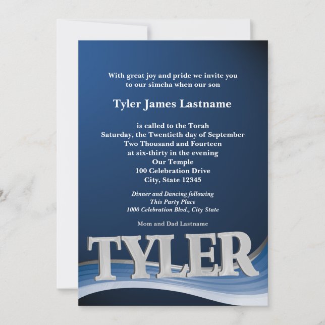 Personalised Name Tyler Bar Mitzvah Invitation (Front)