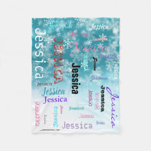 Personalised Name Typography Aqua Blue Snowflakes Fleece Blanket