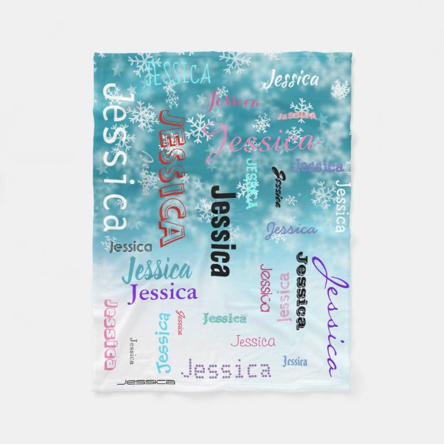 Personalised Name Typography Aqua Blue Snowflakes Fleece Blanket (Front)