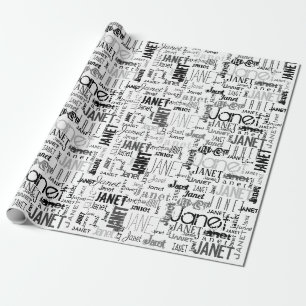 Personalised Name Typography Black Grey Word Cloud Wrapping Paper