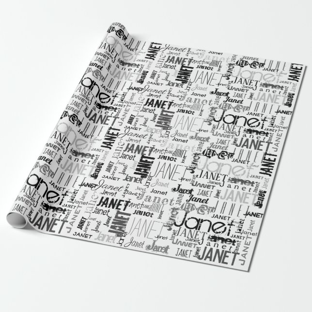 Personalised Name Typography Black Grey Word Cloud Wrapping Paper (Unrolled)