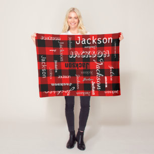 Personalised Name Typography Red Buffalo Plaid Fleece Blanket