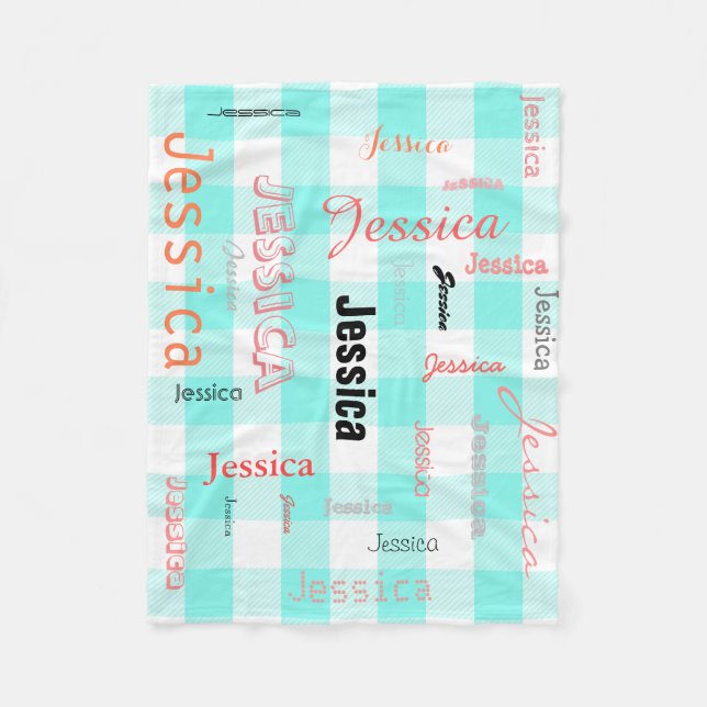 Personalised Name Typography Teal Coral Plaid Fleece Blanket (Front)